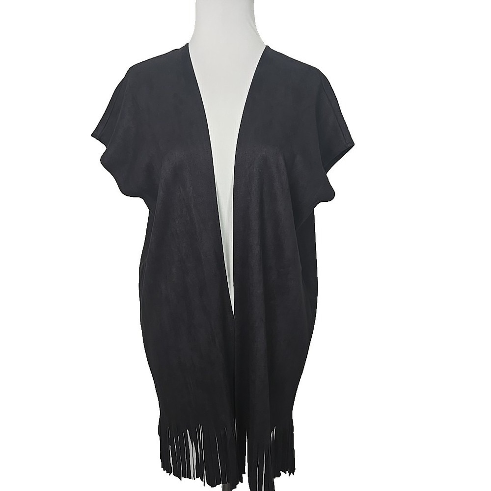 Saks Fifth Avenue‎ Black Faux Suede Open-Front Fringe Women's Boho Vest  XS